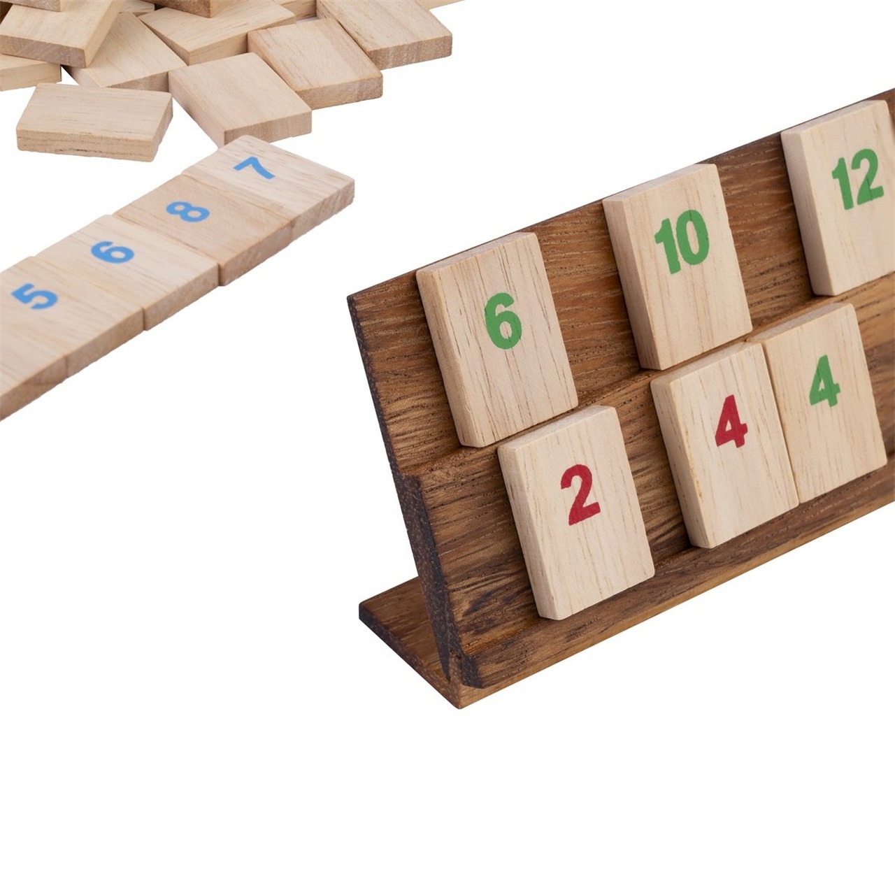 Drewniana gra kafelkowa Rummy| zasady jak Rummikub 2–4 graczy, pudełko