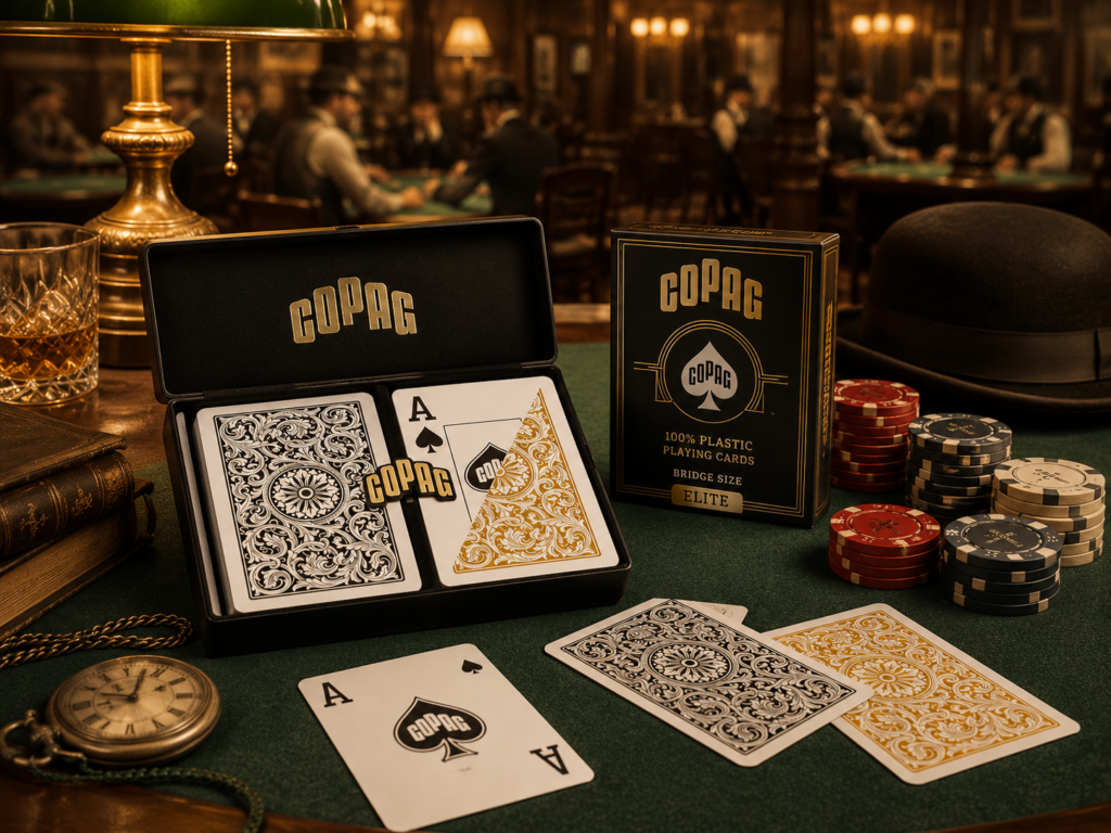 Ekskluzywne-karty-do-pokera-Copag-Elite-w-eleganckim-etui-na-stole-do-gry-w-historycznym-salonie-pokerowym-z-zetonami-i-klimatem-dawnych-kasyn.