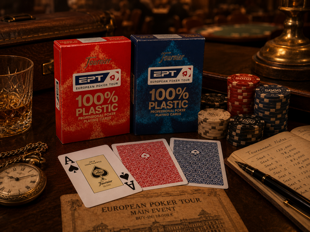 Profesjonalne karty Fournier EPT 100% Plastic w czerwonej i niebieskiej talii na eleganckim stole pokerowym z żetonami, zegarkiem kieszonkowym i akcesoriami turniejowymi w klimacie historyczn